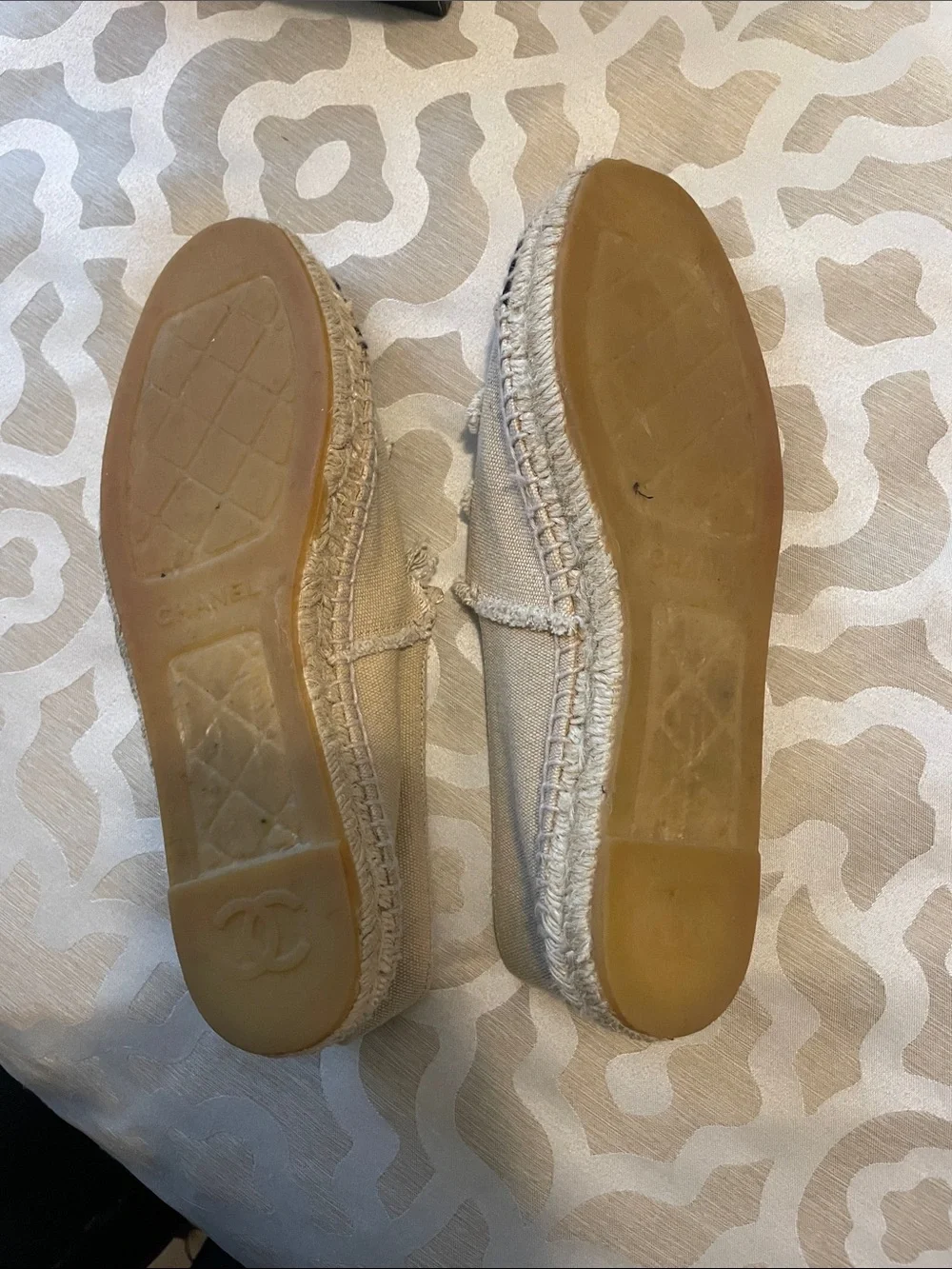 CHANEL Tan and Black Canvas Espadrille Flats AUTHENTIC